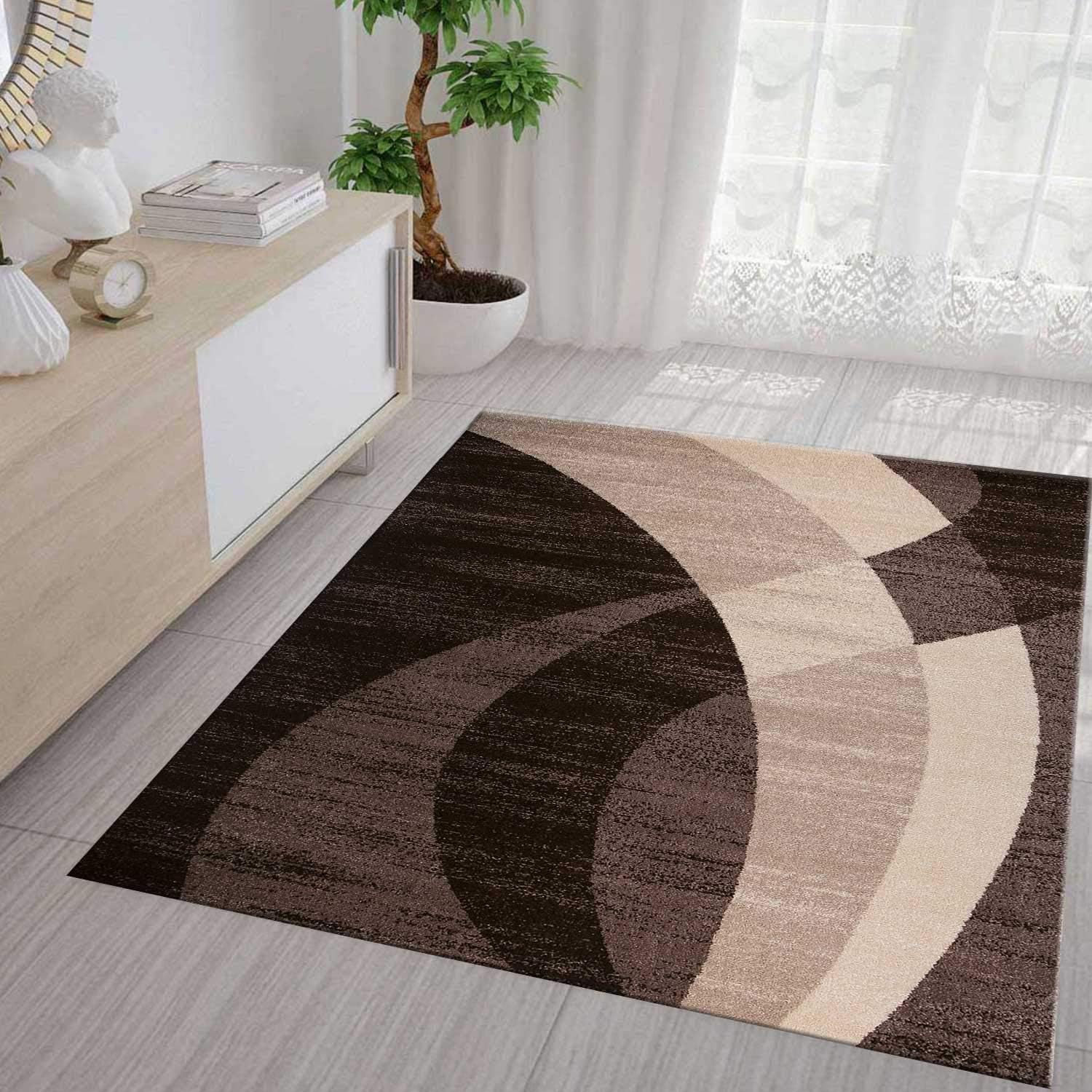 VIMODA Modern Rug Design Beige Brown Cream Curved Stripes Pattern Short-Pile Living Room Rugs - Beige, 120x170 cm