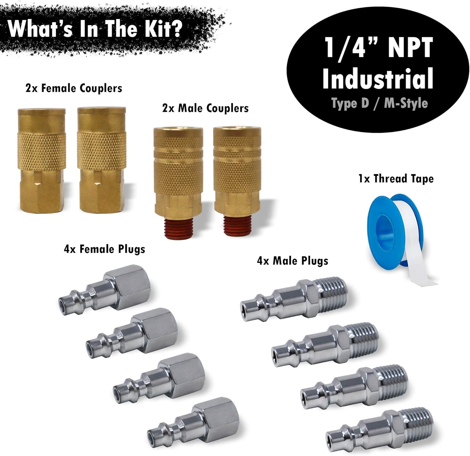 JACO Industrial Quick Connect Air Hose Fittings Plug & Coupler Kit - 1/4" NPT (Set of 12) - - 