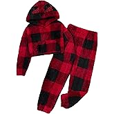 Shallmu Girls Fuzzy Bear Ear Plaid Hoodie Pullover Sweatshirt with Pocket Sweatpants Fall Winter 2 Piece Outfits