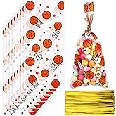 Zonon 100 Pcs Basketball Party Goodie Treat Bags Basketball Theme 5x11 Inch Plastic Cellophane Gift Candy Cookie Snack Sports Bag Birthday with 150 Pcs Gold Twist Ties for Valentines Team Party Favors
