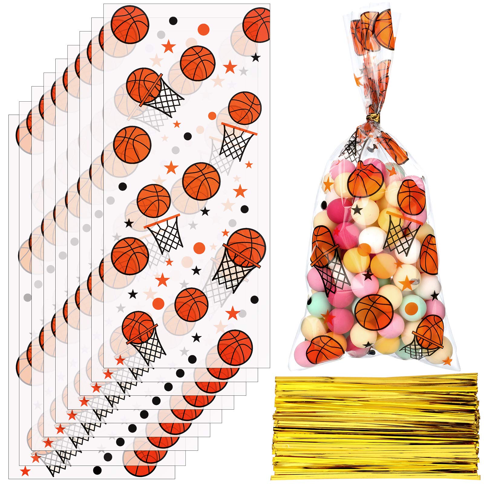 Photo 1 of Zonon 100 Pieces Basketball Candy Party Bags Basketball Goodie Sports Treat Bags with 150 Pieces Gold Twist Ties for Party Favors