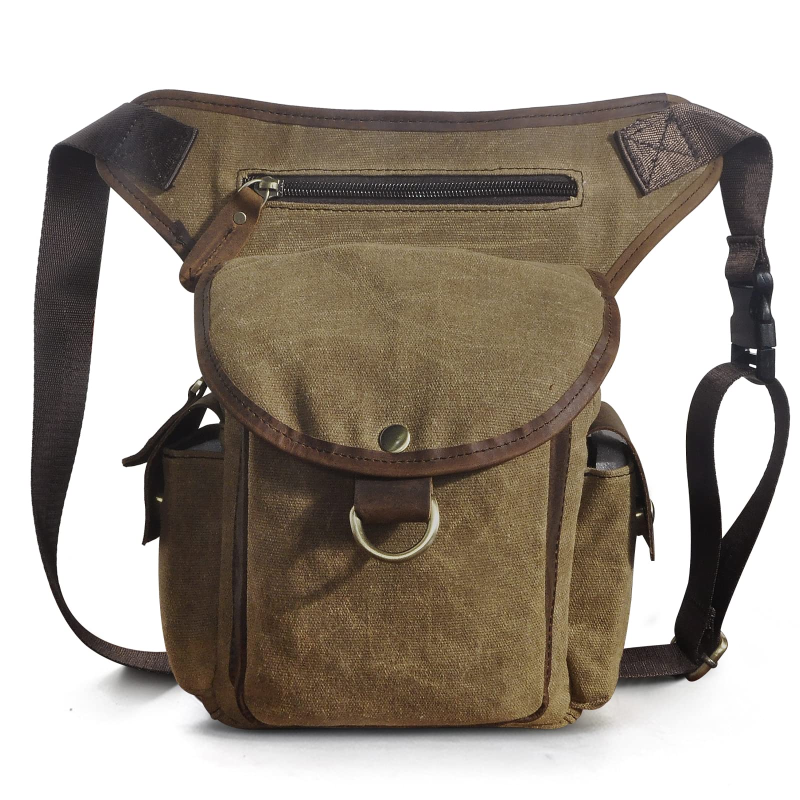 Le'aokuu Men Canvas and Genuine Leather Messenger Waterproof Shoulder Bag Motorcycle Tactic Fanny Belt Waist Bag Pack Pouch Drop Leg Bag 9938(Brown)