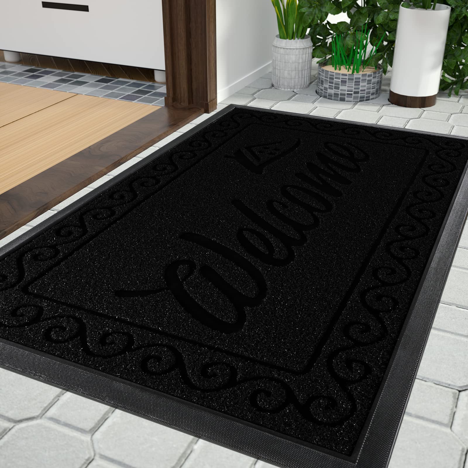 Yimobra welcome door mat, Heavy Duty Sturdy Front Mats for Home Entrance Outdoor Indoor,Non Slip Backing, Exterior Mats for Outside Patio Porch Farmhouse, 92 x 61 cm, Black