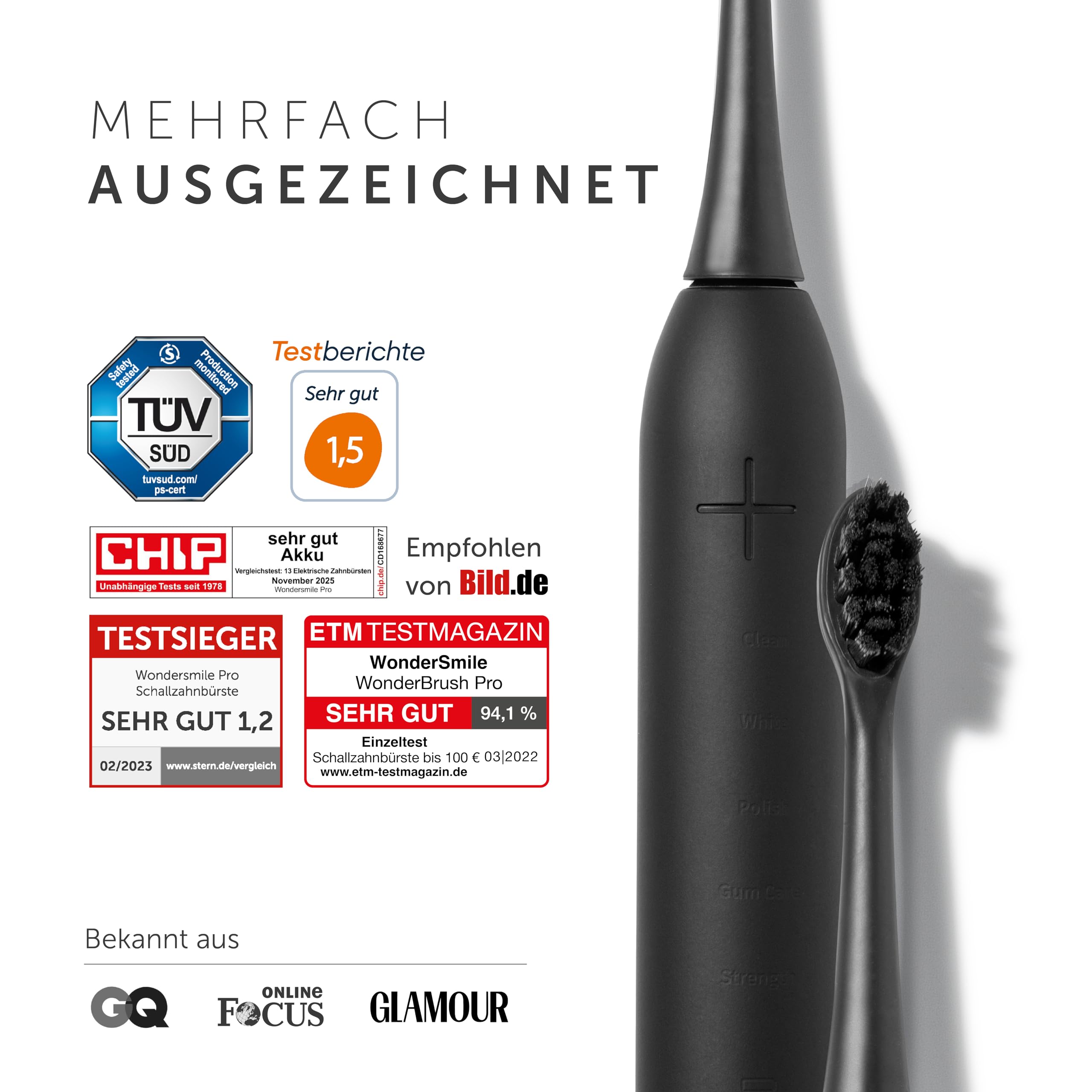 WonderSmile Schallzahnbürste Pro - Testsieger 2026* - Elektrische Zahnbürste IPX8, 4 Programme - mit Ladestation & 60 Tage Power Batterie mit Smart-Bürstenkopf (Ultimate Black) 3