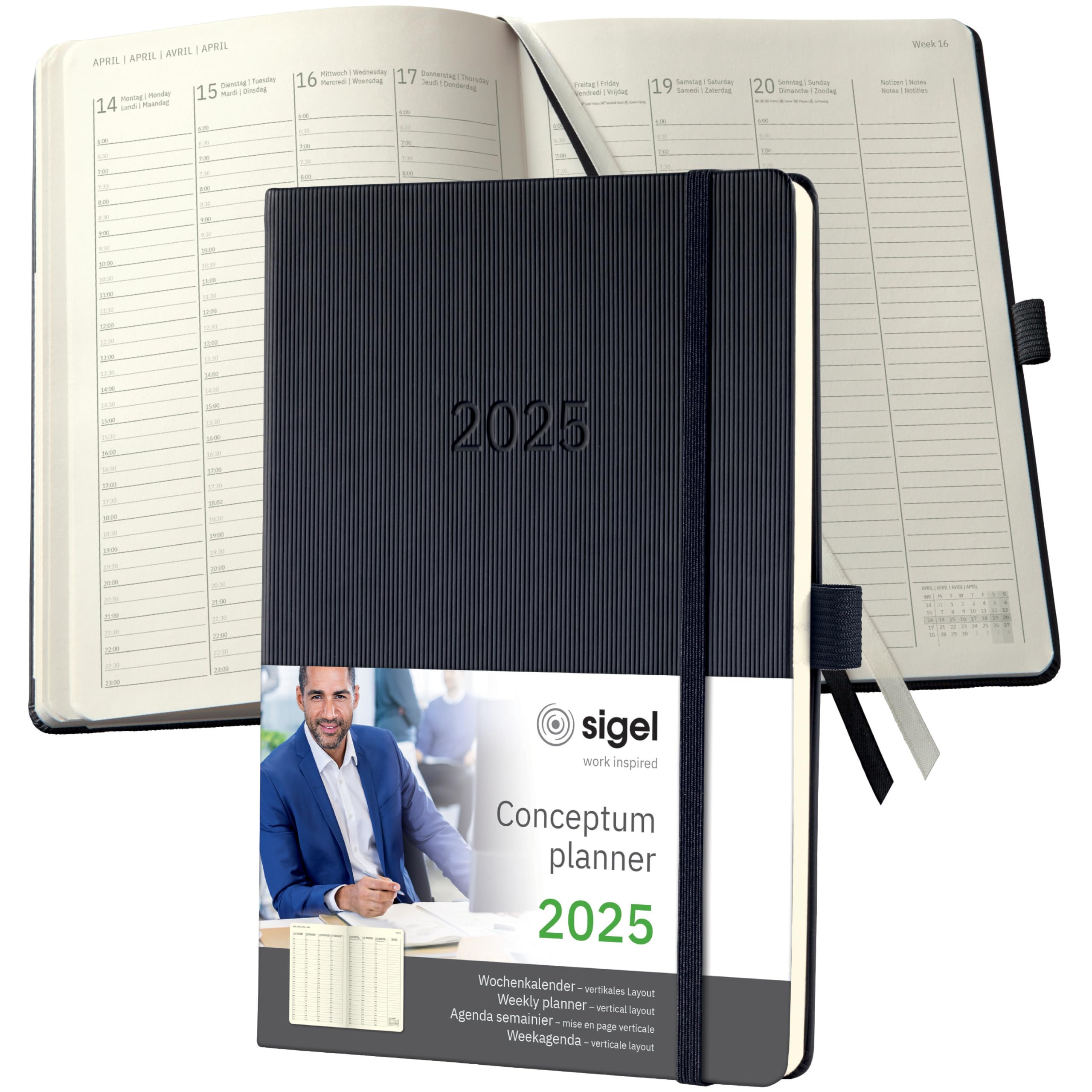 SIGEL C2519 Conceptum Weekly Planner 2025, Vertical Layout, Approx. A5, Black, hardcover, 2 Pages = 1 Week, 192 Pages