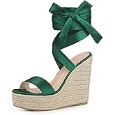 Perphy Platform Bow Ankle Tie Espadrilles Satin Lace Up Wedge Sandals for Women