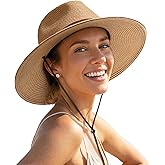 FURTALK Womens Summer Straw Sun Hats Wide Brim Panama Fedora Beach Hat with Wind Lanyard UPF 80+