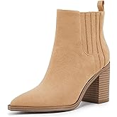Womens Ankle Boots Slip on Pointed Toe Chunky Block Mid Heel Leather Elastic Panel Casual Chelsea Western Booties
