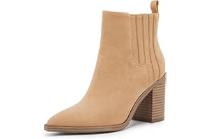 COUTGO Womens Ankle Boots Slip on Pointed Toe Chunky Block Mid Heel Leather Elastic Panel Casual Chelsea Western Booties