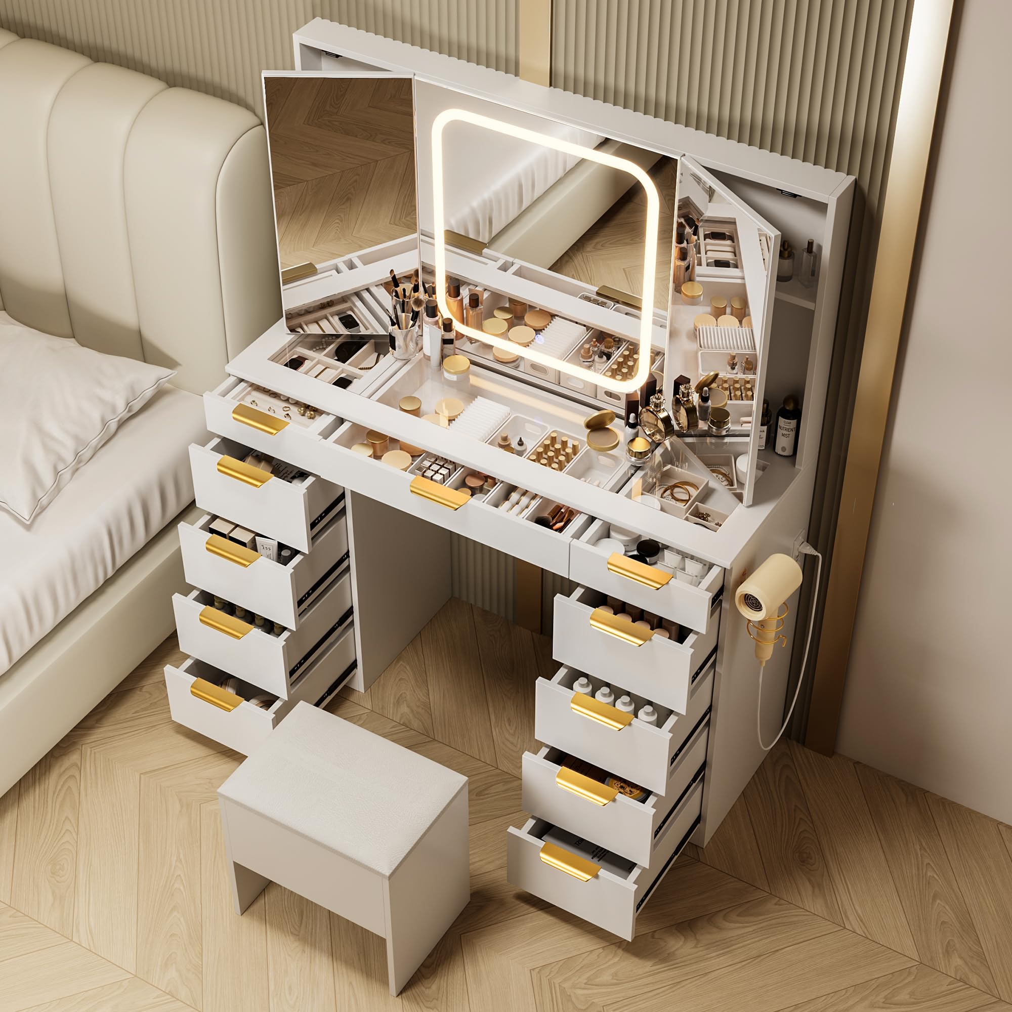 Photo 1 of Pamapic 11 Drawers Vanity Desk with Foldable Mirror, Glass Top Makeup Vanity with LED Lights, 3 Lighting Modes, Golden Handles Dressing Table with Chair and Power Outlet