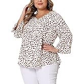 Agnes Orinda Plus Size Polka Dots Blouses for Women V Neck 3/4 Ruffle Sleeve Peplum Tops