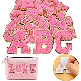 Jongdari Chenille Letter Patches Self-Adhesive & Iron-On Letters, Varsity Fuzzy Patch Glitter Alphabet - 26pcs, Pink