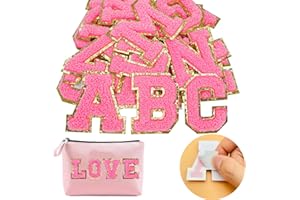 Jongdari Chenille Letter Patches Self-Adhesive & Iron-On Letters, 52pcs Varsity Fuzzy Patch Glitter Alphabet - 26pcs, Pink