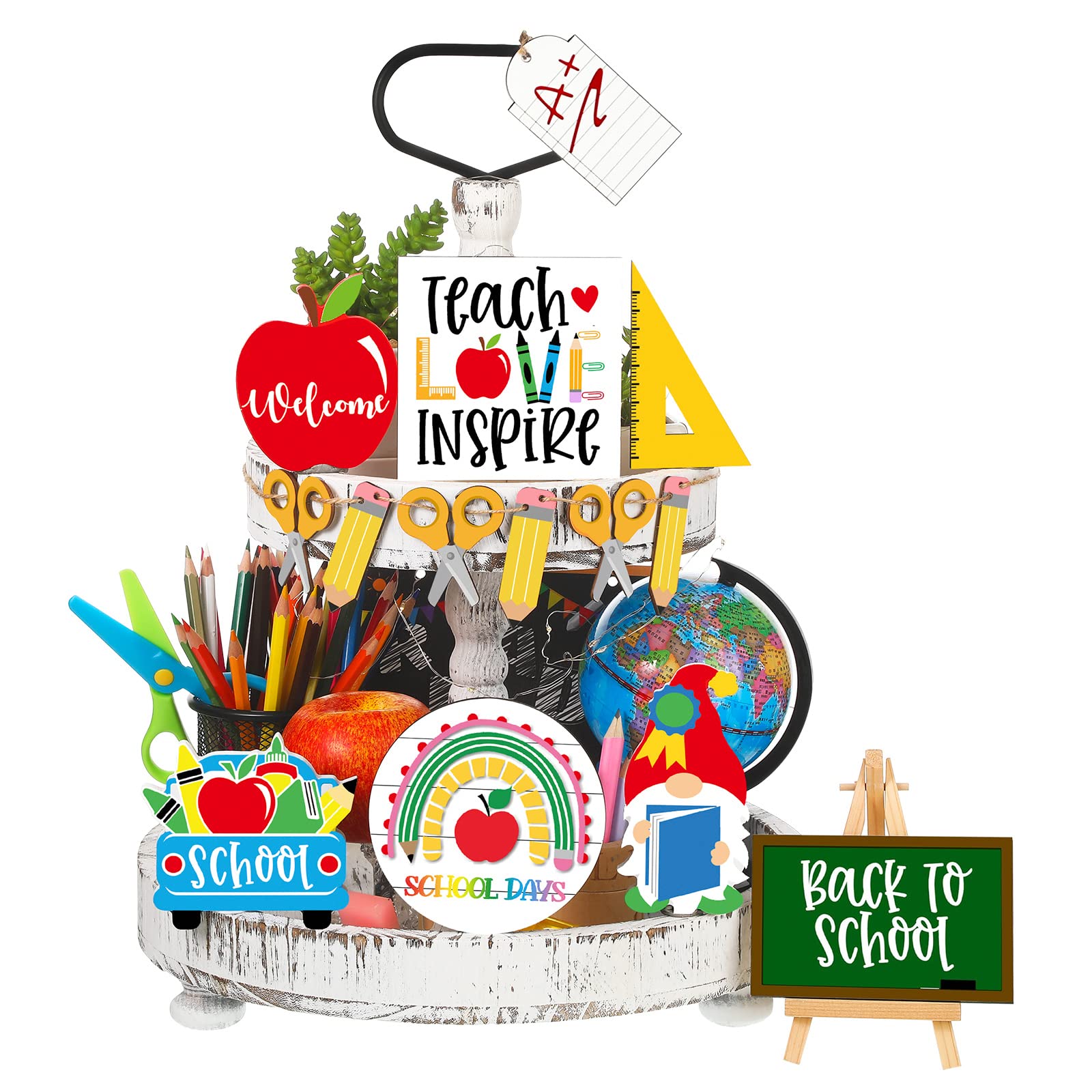 Photo 1 of 15 Pcs Back to School Tiered Tray Decor Teacher Appreciation Wood Signs Decorative Trays Items Farmhouse Rustic Decorations Wooden Tiered Tray Set for School Home Classroom Desk