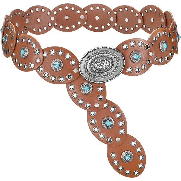 Western Concho Style Belt Brown Disc Grommet Belt Made in Morocco Boho Cowgirl 71dNbRtLtML._AC_SY350_QL65_.jpg main image 4