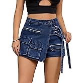 CIMUK Women's Jean Skort High Waisted Western Summer Asymmetrical Denim Cargo Skirt Shorts