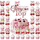 FodeMoraka Cherries Baby Shower Decorations - 25 Pcs Pink and Red Sweet Cherries Bow Cake Cupcake Toppers On Top Dessert Decor Set Summer Fruit Themed Party Supplies for Girls Gender Reveal