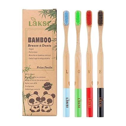 Cepillo de dientes de bambú de madera natural de LAKSI – Pack de 4 cepillos de