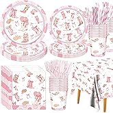 Pink Bow Cowgirl Party Dinnerware Kit for Girls - 20 Guests All-in-One, Bow Cowgirl Decorations, Coquette Birthday Supplies Plates Cutlery Napkins Cups Tablecloth for Western Baby Shower Bachelor