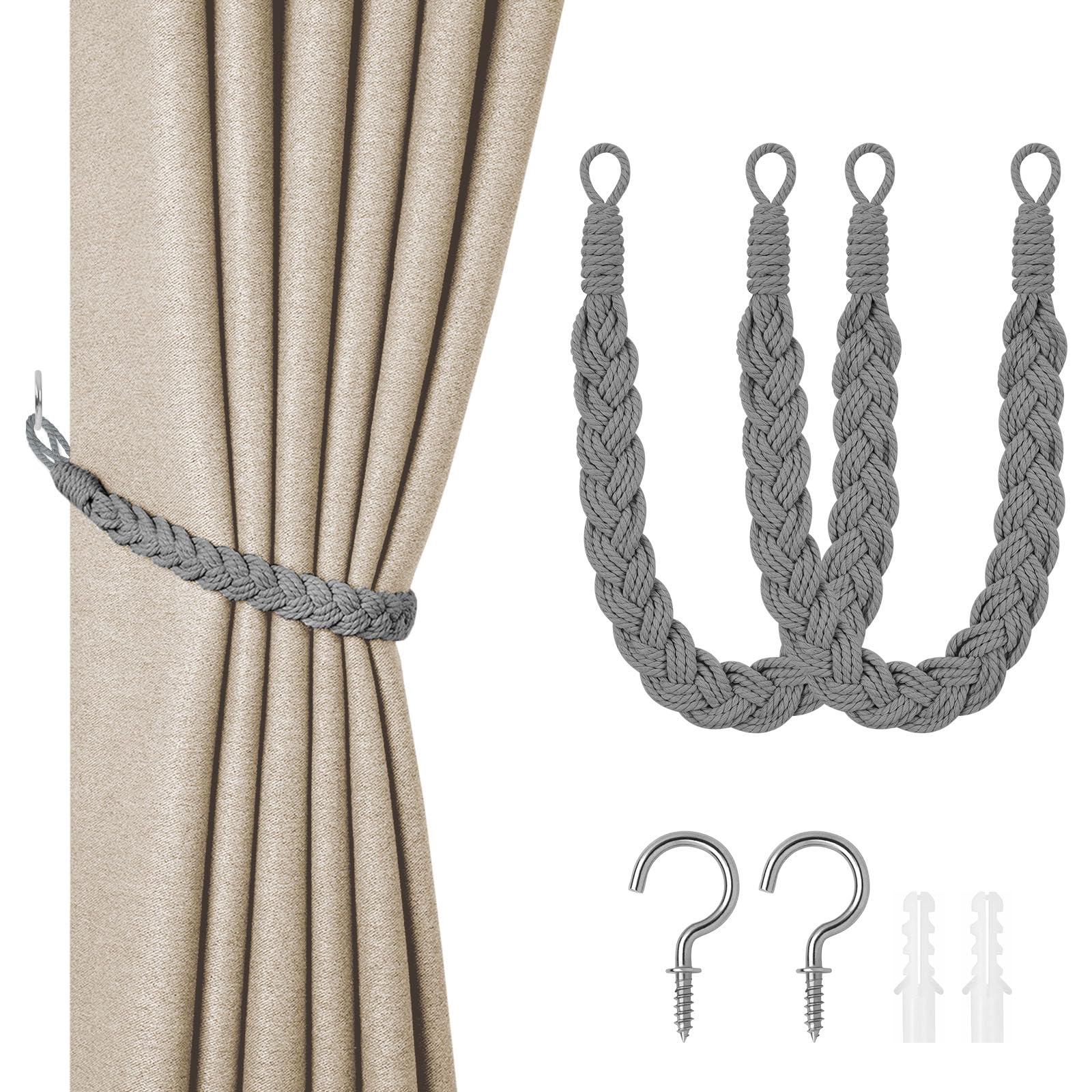 HOTUT Natural Cotton Rope Curtain Tiebacks, 2 Pack Hand Knitting Curtains Tied Rope, Elegant Boho Style Decorative Drape Tie Soft Rope Curtain Holdbacks with Metal Hook for Home & Office, Grey