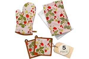 Muldale Oven Mitt and Kitchen Towel Set - Somerset Strawberry Kitchen Dish Towels and Pot Holders - 5 Pack - Cute Strawberry Kitchen Decor Accessories - Soft and Absorbent - Kitchen Mittens