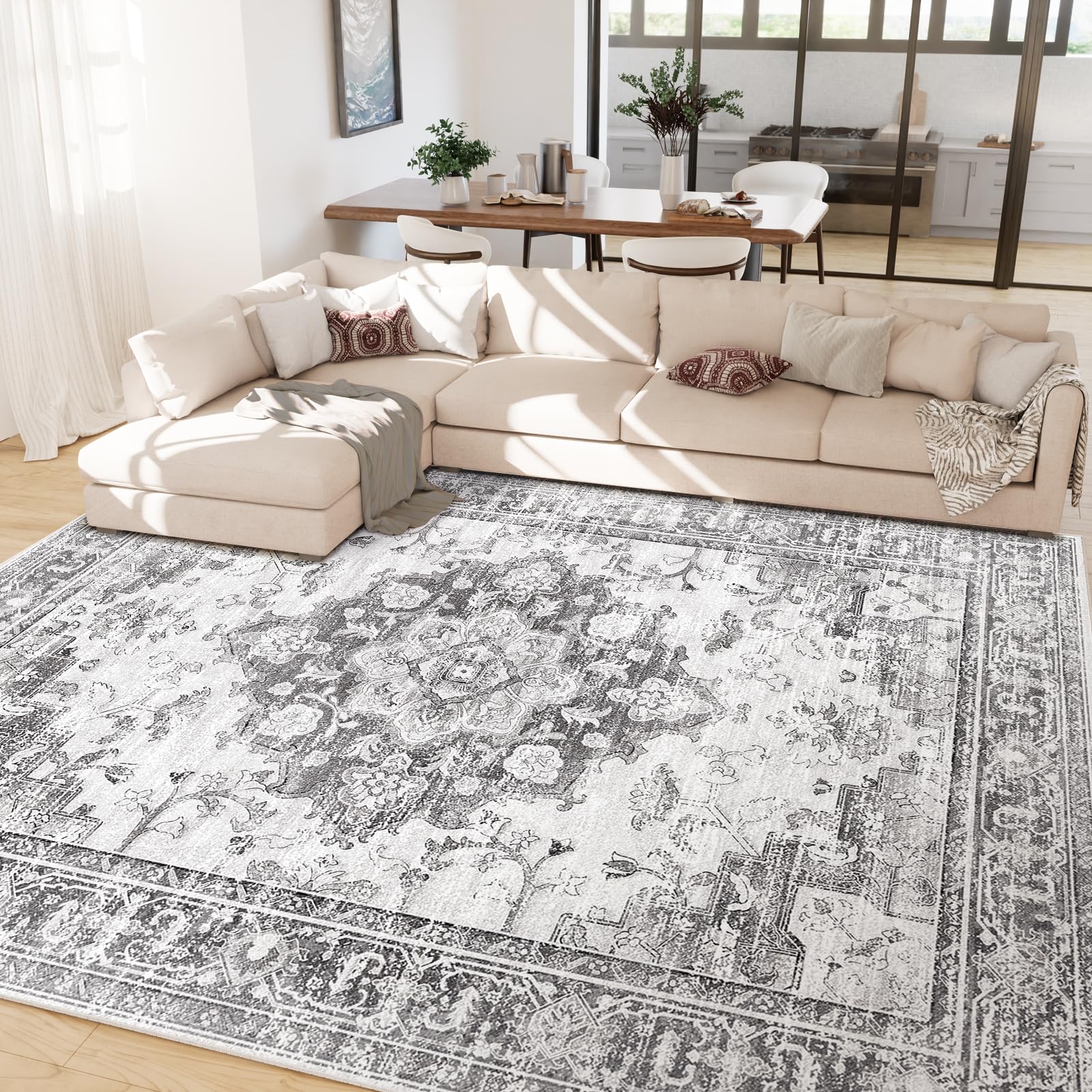 CAPALOCA Machine Washable Rugs Nursery Rug 8x10 Area Rugs Girl Non Slip Low Pile Water Repellent Soft Print Pattern for Bedroom Indoor Decor Kids Playroom Blackgray Image