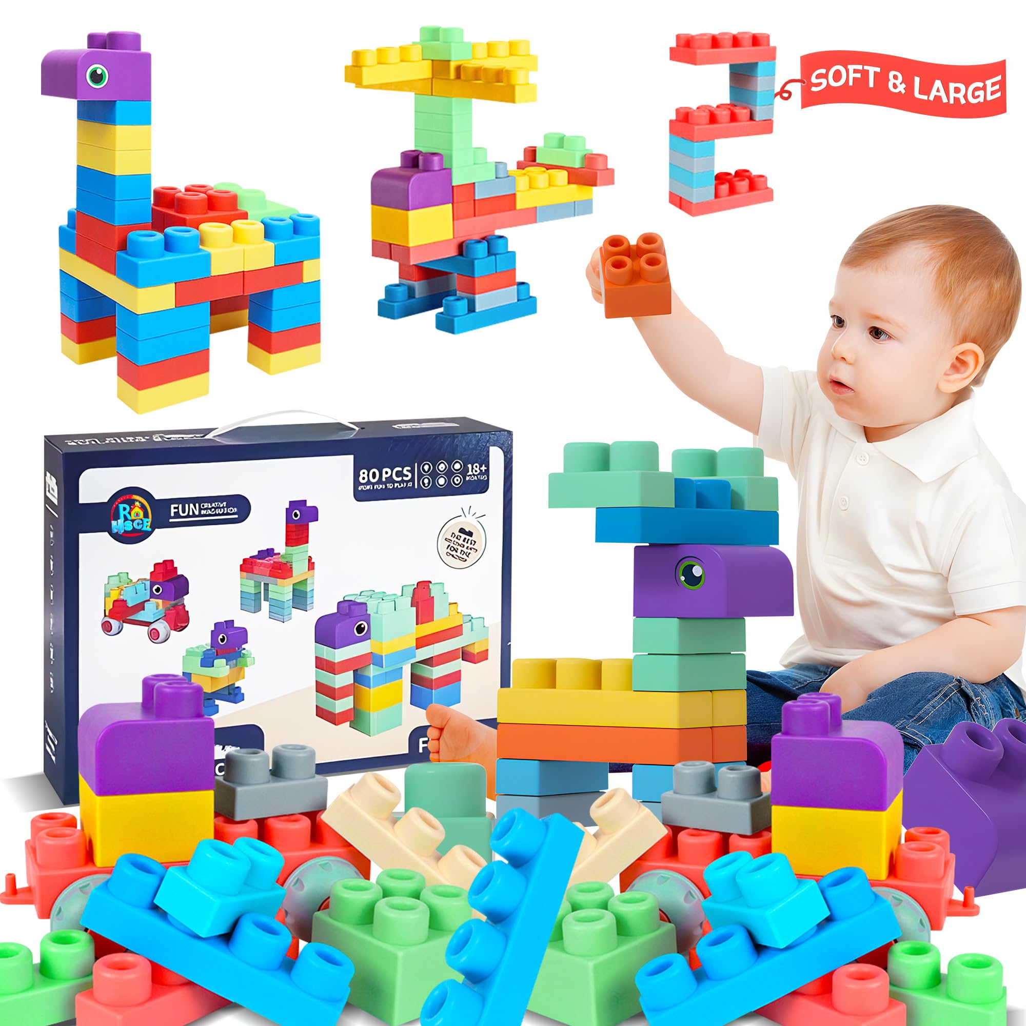 Photo 1 of ROHSCE Baby Soft Blocks Set, Big Building Block Toys, Soft Rubber Blocks for Babies 6 Months and Up STEM Educational Toddler Gifts, Baby Soft Blocks Sensory Stacking Toys, 80PCS