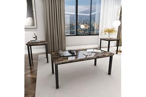 AWQM Faux Marble Coffee Table Set, Occasional Table Set of 3, Includes Accent Table & 2 Sofa Side End Tables for Living Room, Black Metal Frame, Brown