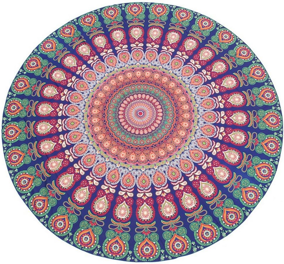 Feather Peacock Round Mandala Tapestry, Hippie Hippy Style, Throw Bedding Bedspread, Gypsy Wall Hanging, Indian Boho Gypsy Cotton Tablecloth Beach Towel, Decorative Wall Hanging, Round Meditation Yoga Mat, Summer Large Microfiber Printed Round Beach Towels Circle Yoga HiChili Beach Mat, Mat Picnic Blanket Swimwear Cover Up, 150 cm/ 59.05 inch, #01