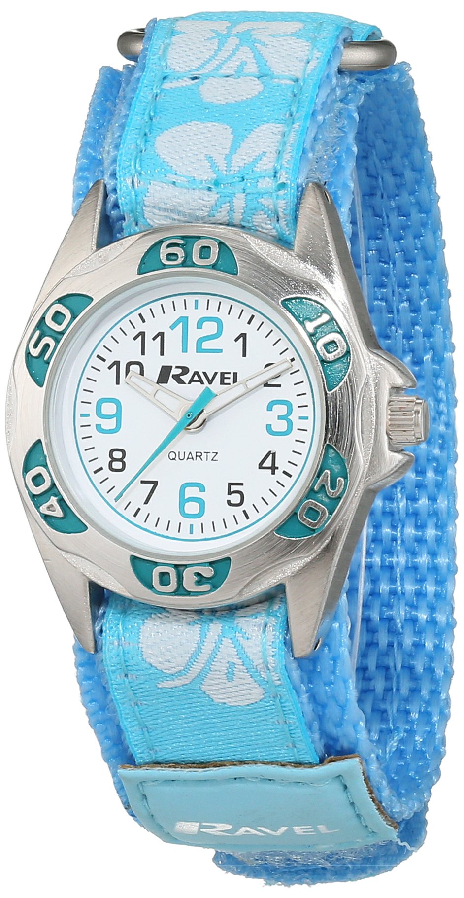 Ravel Girl's Hibiscus Flower Patterned Easy Fasten Strap Watch - Blue