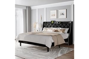 Feonase King Bed Frame with Luxury Wingback Upholstered Button Tufted Storage Headboard, King Platform Bed with Charging Station, Sturdy Wooden Slats Support, Noise-Free, Easy Assembly, Black