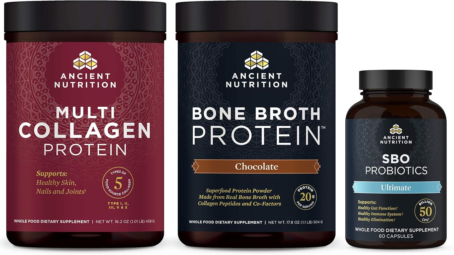 Ancient Nutrition Essentials Bundle, 3 Items - Multi Collagen Protein 16.2oz + Bone Broth Protein, Chocolate 17.8oz, SBO Probiotics Ultimate 60 Capsules