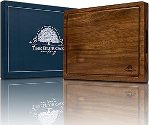 THE BLUE OAK COMPANY Premium Acacia Wood Large Reversible Cutting Board with Juice Groove & Cracker Holder | Chopping Board | Charcuterie Board | Cheese Board