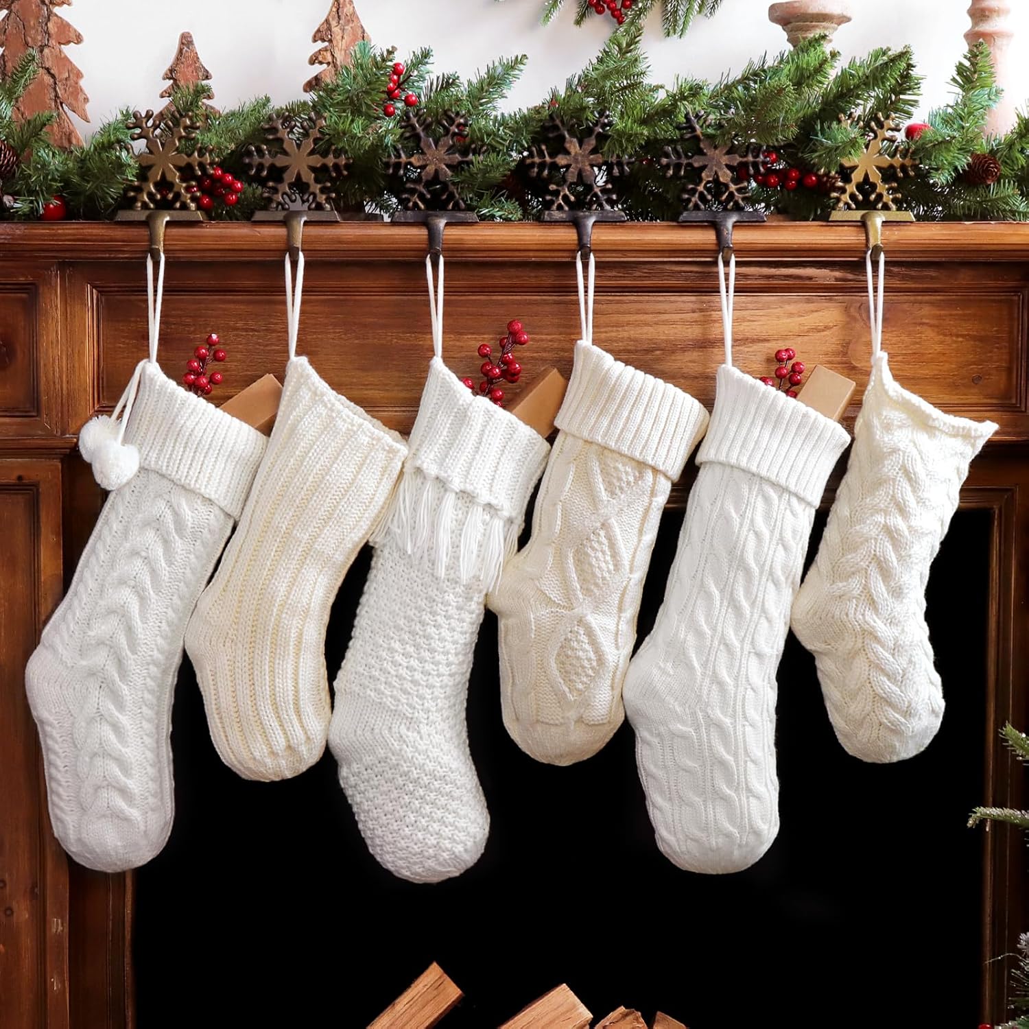 Stockings & Holders - Pawliss Farmhouse Knitted Christmas Stockings: 6 Pack Cream & White Cable Knit Patterns Fireplace Stockings, Rustic Hanging Xmas Stockings Personalized Stocking Decorations for Family Holiday Decor