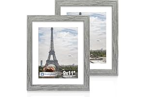 Hongkee 9x11 Picture Frame Set of 2, Made of Real Glass and Grey Wooden Frame - Display Pictures 7x9 with Mat or 9x11 Without