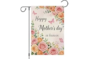 Heyfibro Happy Mother's Day in Heaven Garden Flag 12x18 Double Sided Burlap, Roses & Butterflies Memorial Yard Banner for Spr