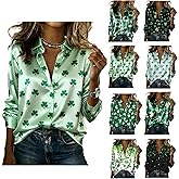 St Patricks Day Shirt Women 2026 Funny Irish Shamrock Print Satin Silk Blouse Plus Size Button Down V Neck Outfits