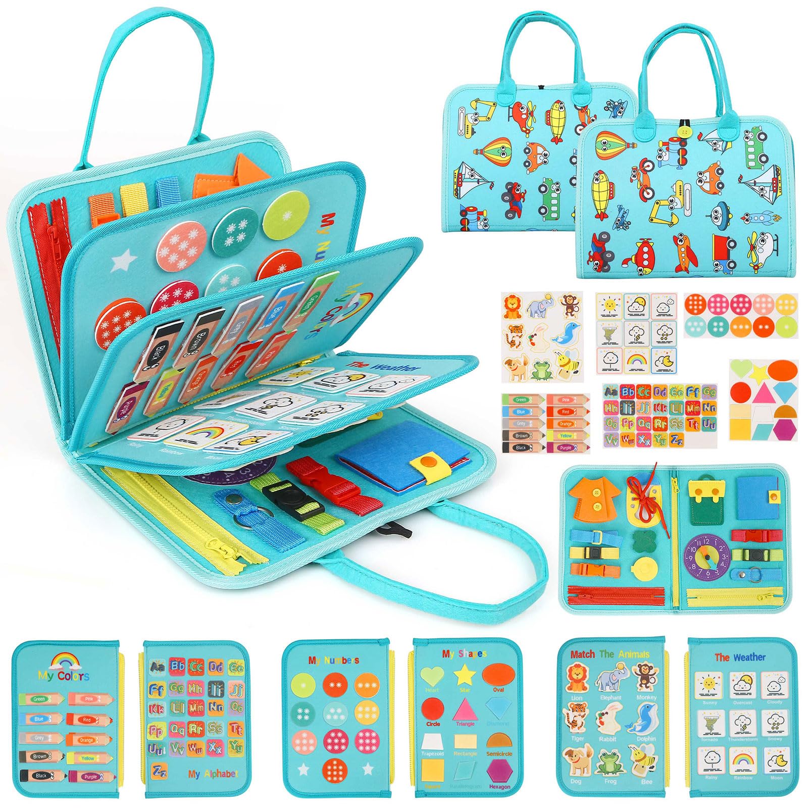 SK MISS Busy Board for Toddlers, 8 In 1 Busy Book for 1 2 3 4+ Year Olds Boys Girls, Montessori Fuzzy Felt Sensory Toys for Babies, Preschool Educational Learning Travel Activity Board