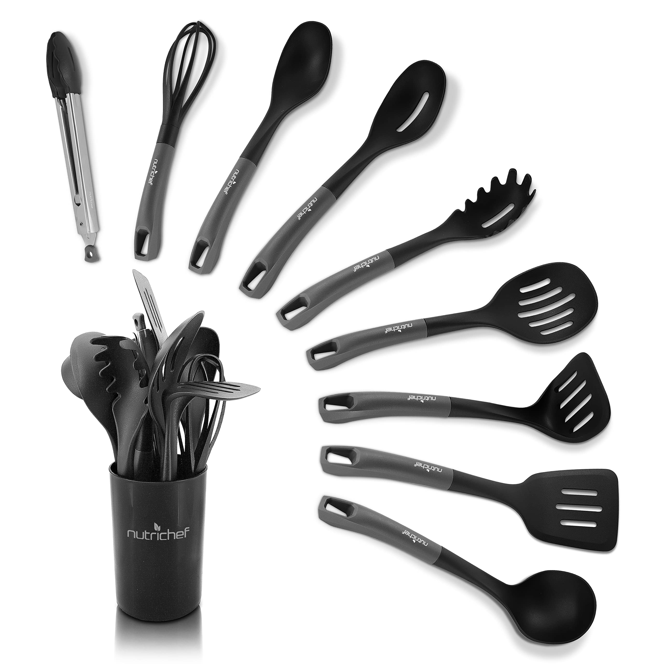 Photo 1 of NutriChef 10pc Silicone Cooking Utensils Set - Basic Kitchen Tools, Includes Spatulas, Spoons, Pasta Fork, Soup Ladle, Masher, Whisk, Tong and Utensil Holder (Gray & Black)