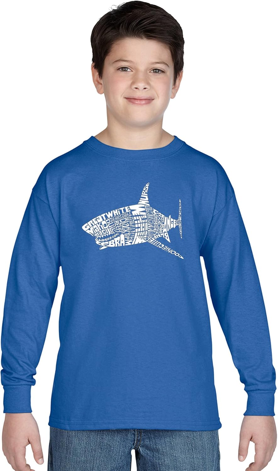 LA POP ART Boy's Long Sleeve Word Art T-Shirt - Species of Shark