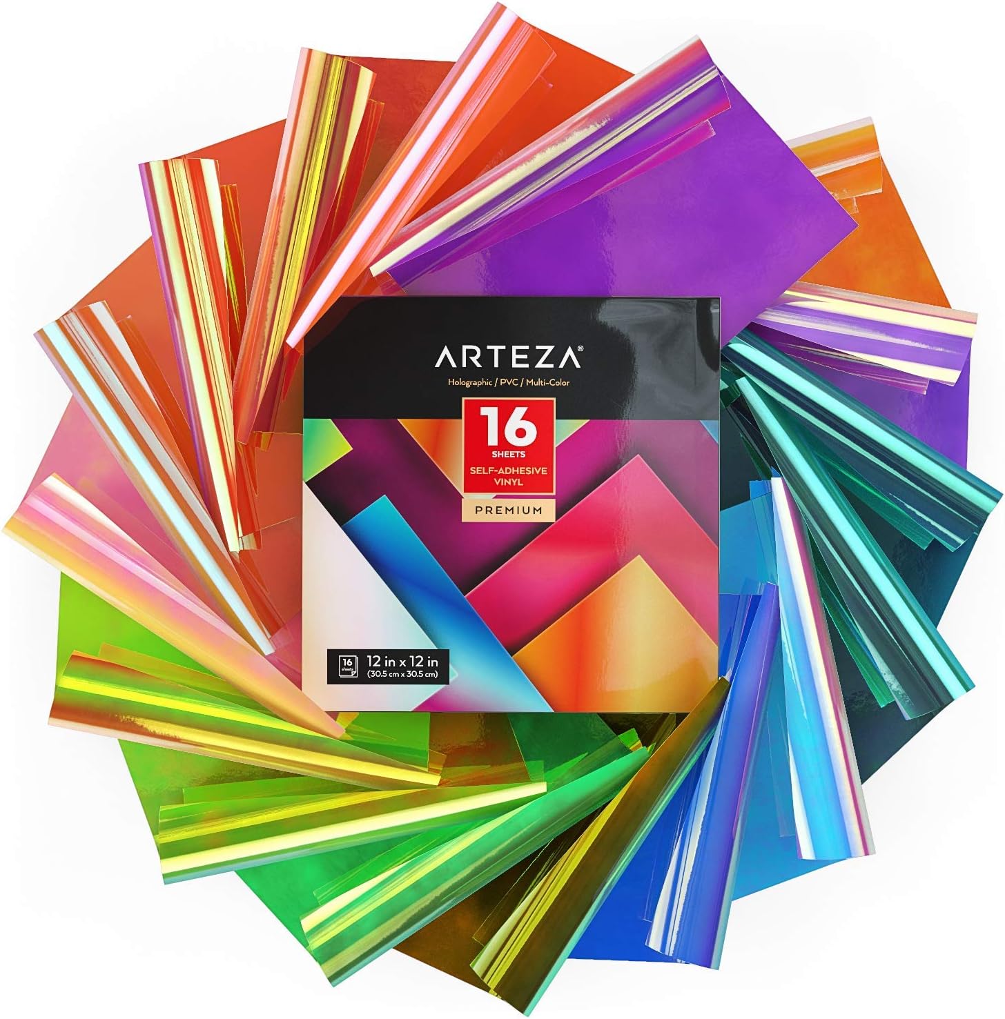 ARTEZA Láminas Decorativas de Vinilo holográfico, 30x30 cm, Set de 16 vinilos para Ventanas y Otras Superficies, Hojas Adhesivas de Color Arco Iris ópalo, compatibles con Cricut y Otras cortadoras