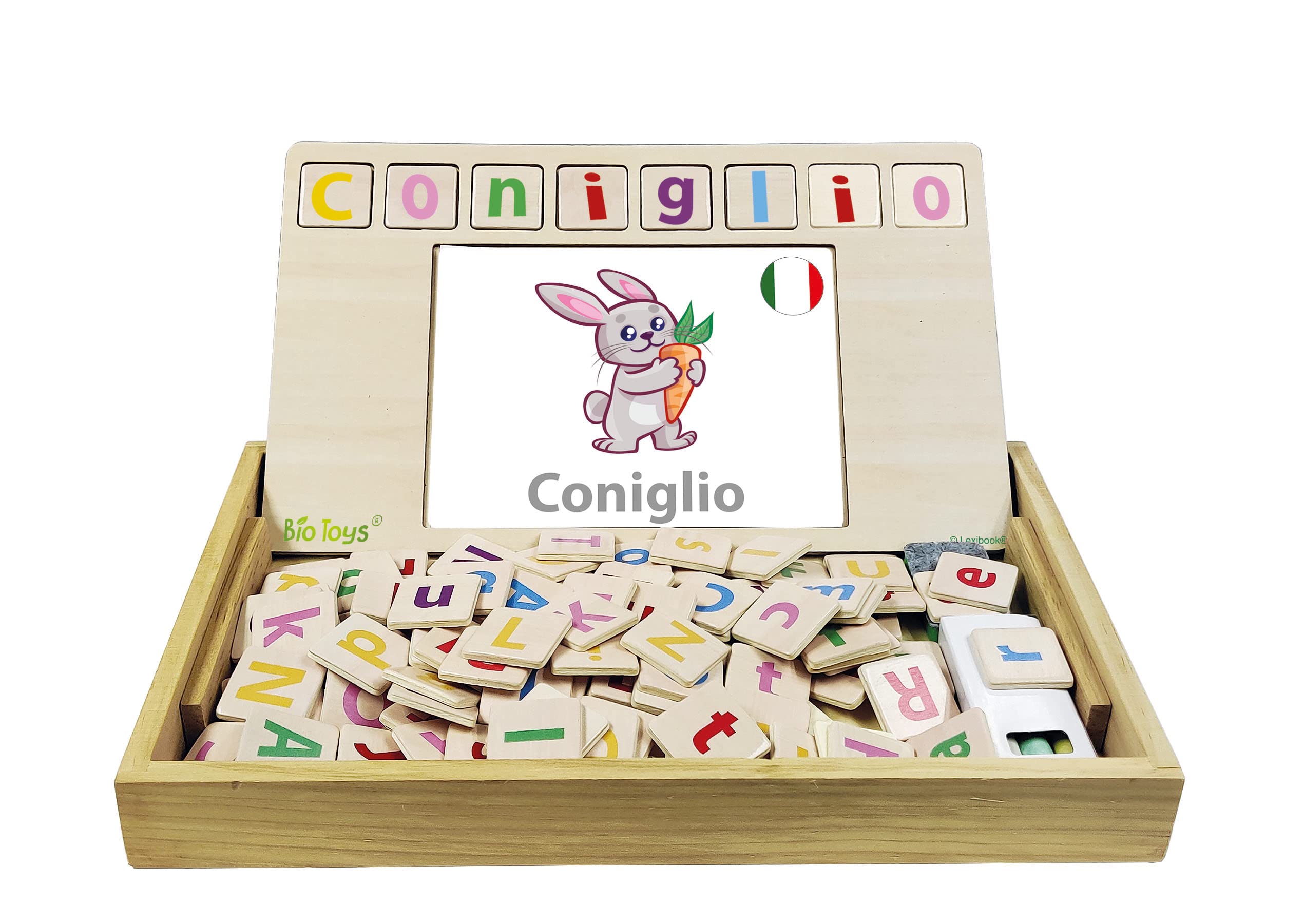 Lexibook, Bio Toys, Word School, bilingual Italian/English, wooden game, 50 word cards, alphabet, educational game, EDU100i5