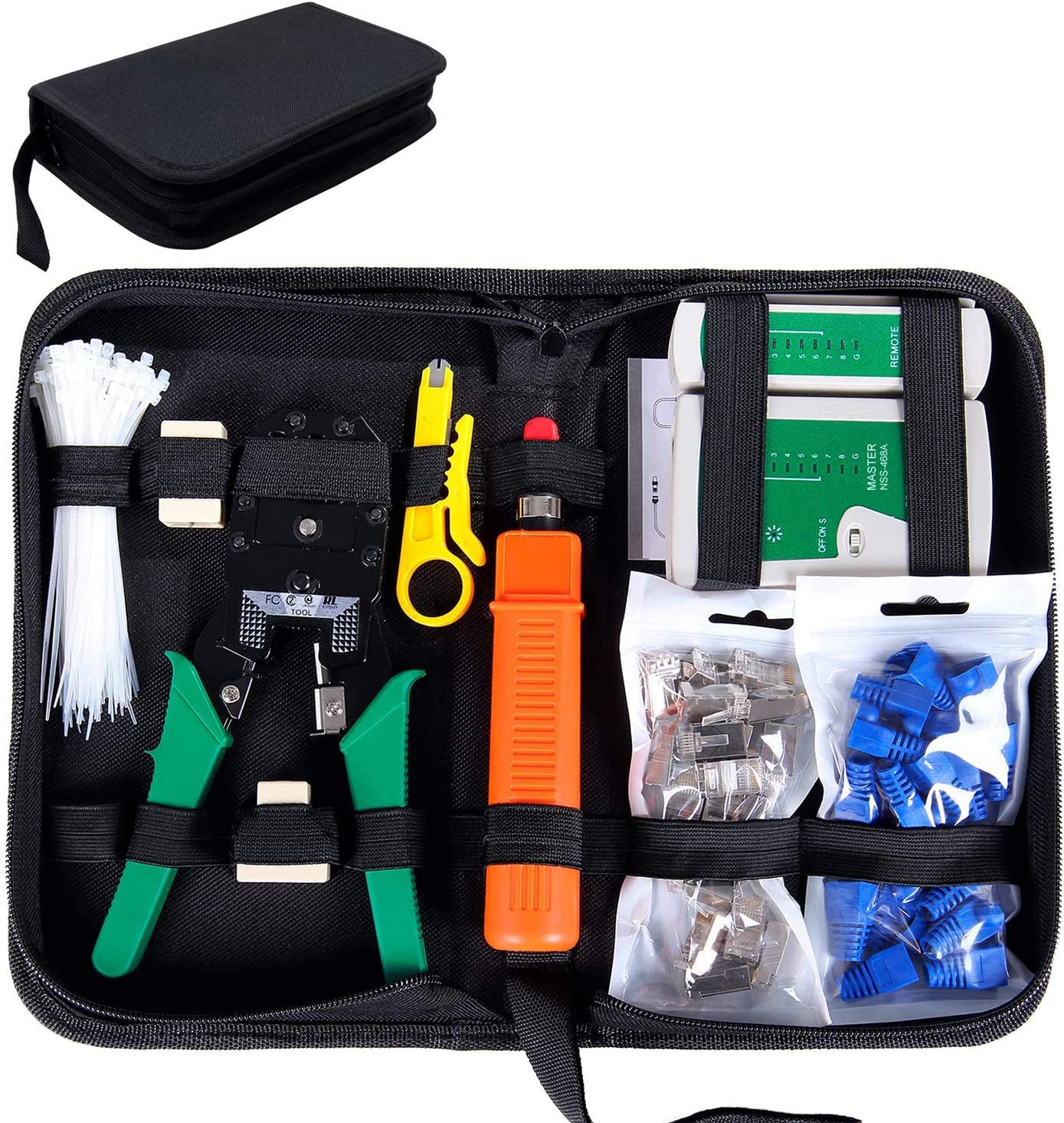 SGILE 9-in-1 RJ 45 Crimping Tool Kit, Pass Through Crimper & Stripper for Cat5/Cat6, All-in-One Ethernet Network Repair Set for Computer Maintenance with LAN Cable Tester & Connectors