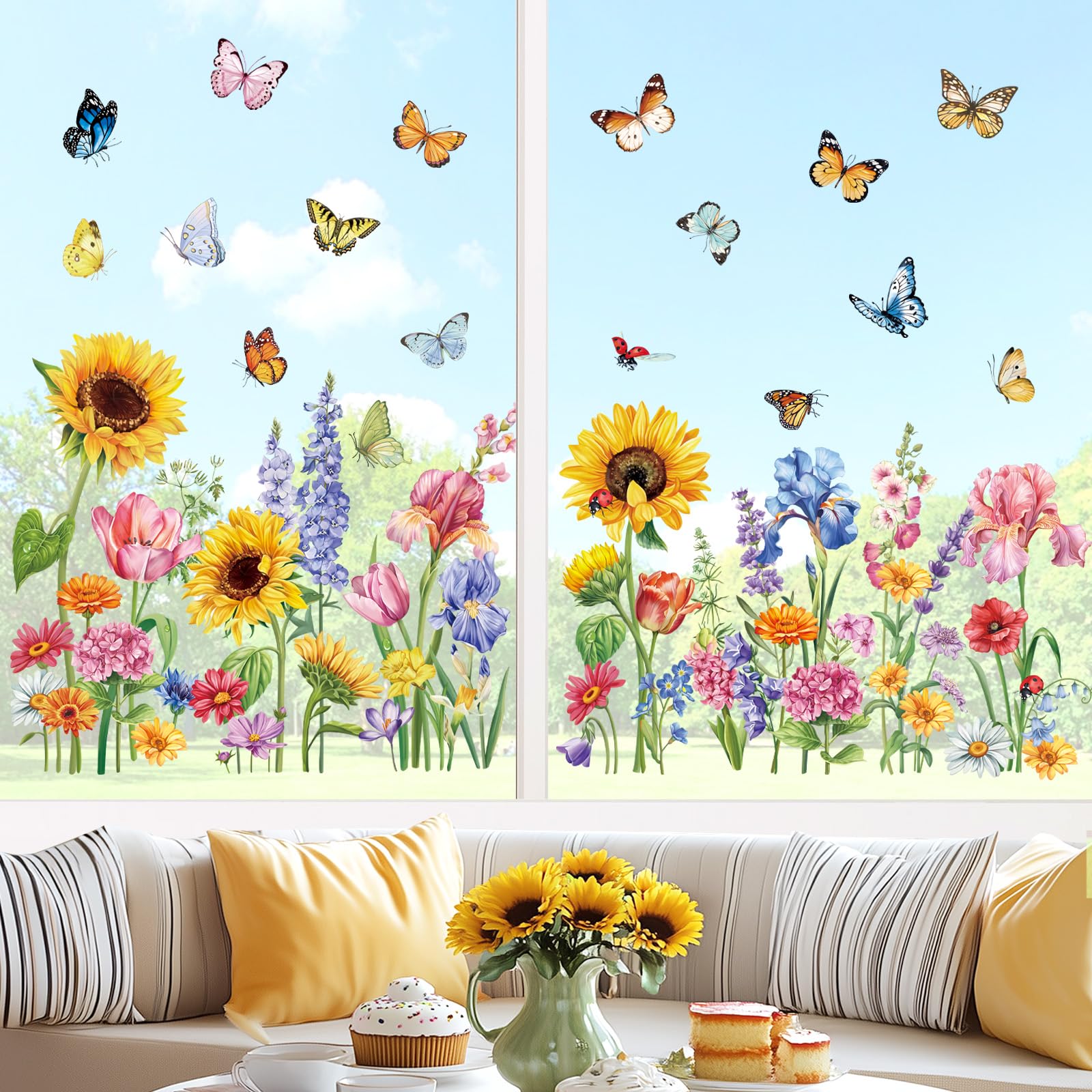 decalmile Spring Summer Garden Flower Double Sided Window Clings Wildflower Sunflower Iris Butterflies Floral Window Decals Anti-Collision Glass Window Doors Window Stickers
