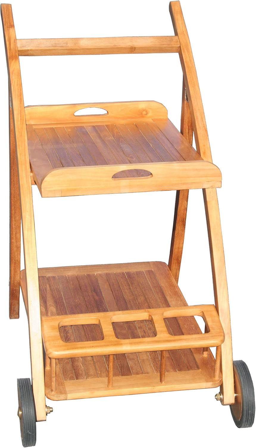outdoor teak bar cart on Amazon Com Teak Wood Serving Trolley With Serving Tray 3 Bottle Holder And Rubberized Wheels Furniture Decor