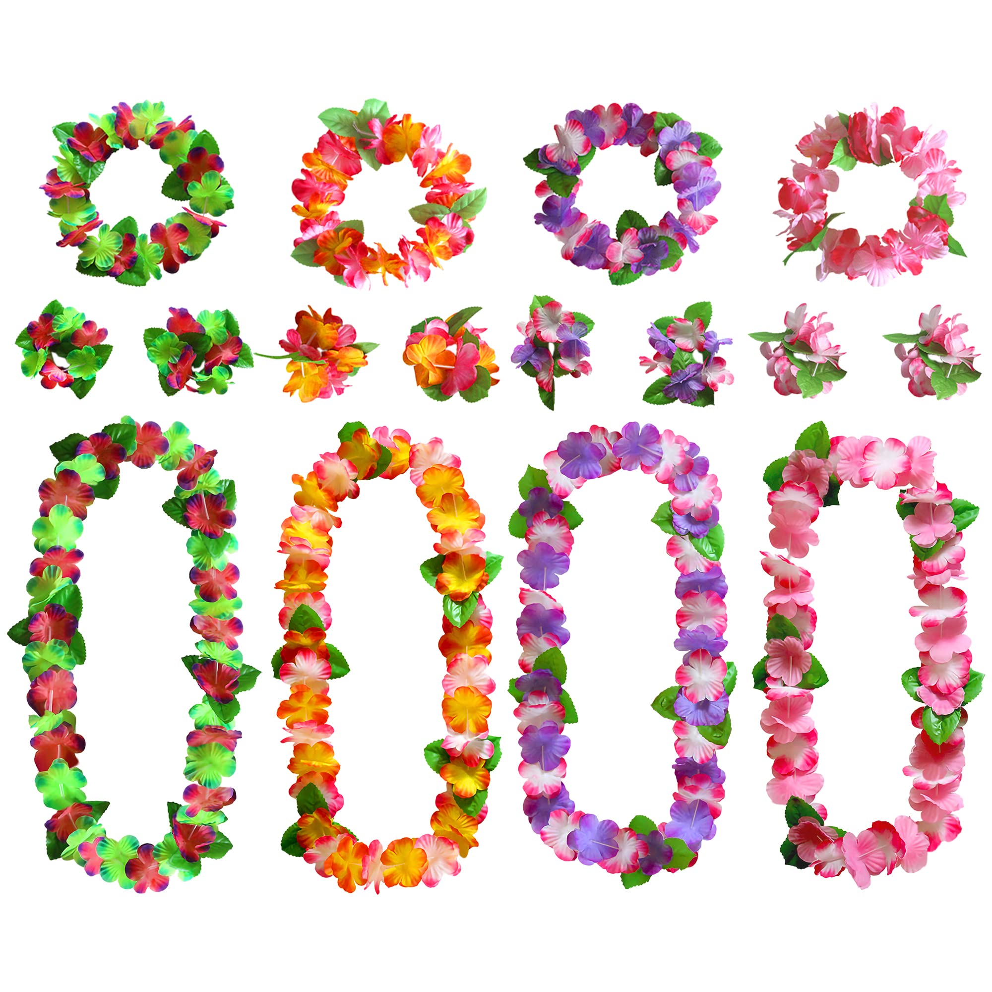 KEYIDO 16 Pcs Hawaiian Leis Garland Set Hawaiian Flower Garland with Necklace Headbands and Wristbands for Tropical Luau Tiki Beach Party Decorations Accessories