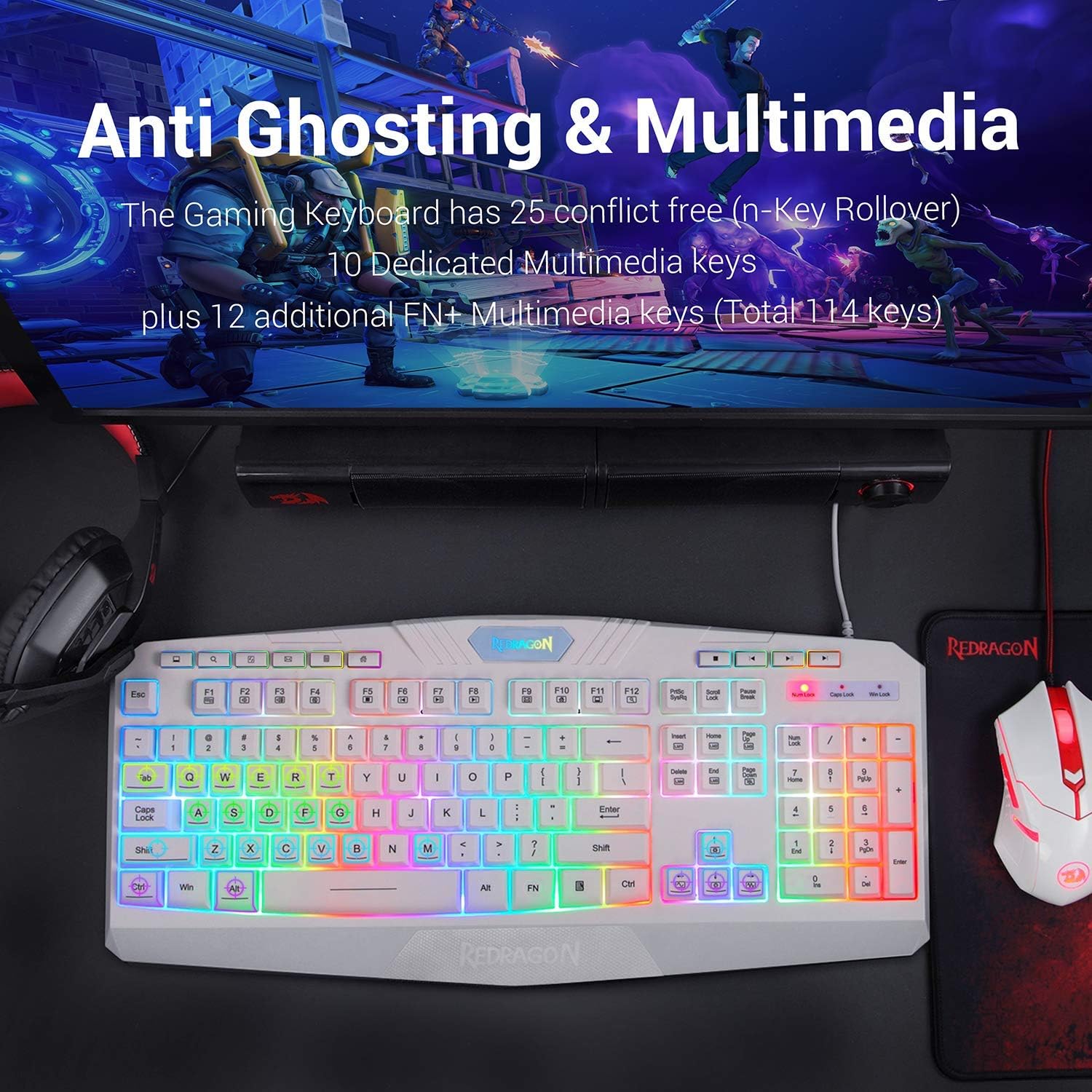 Redragon S101 Wired RGB Backlit Gaming Keyboard and Mouse, Gaming Mouse Pad, Gaming Headset Combo All in ONE PC Gamer Bundle for Windows PC – (White): Computers & Accessories