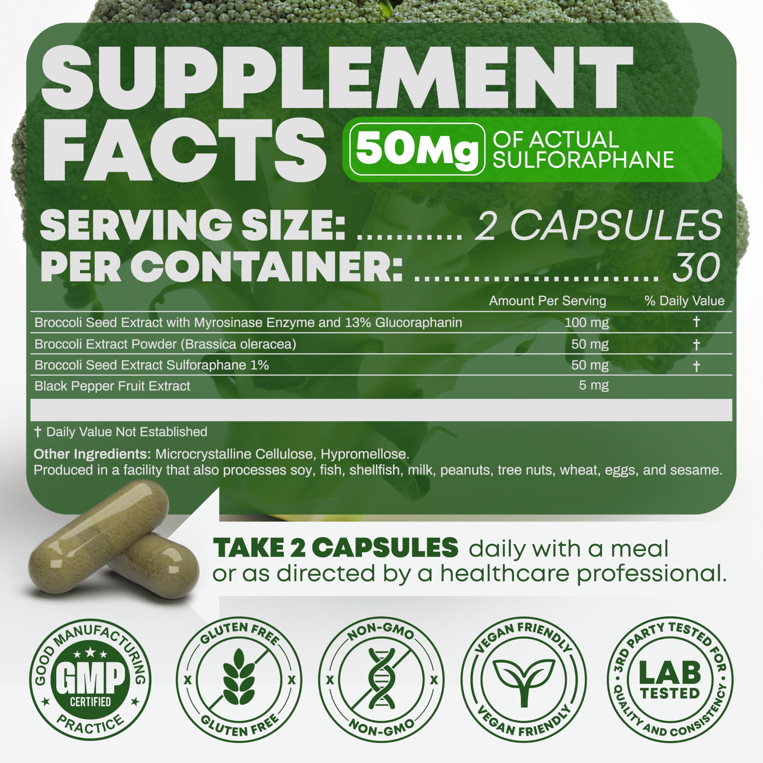 Peak Revival-X 5000mcg of Real Lab-Verified Sulforaphane Supplement - Broccoli Seed Extract 50mg Supplements - Promotes Cognitive Function, Liver & Cellular Support - 60 Vegan Capsules/Pills