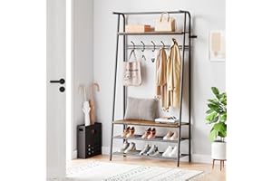 GarveeHome Coat Rack, Hall Tree with Bench and Shoe Storage, Entryway Bench with Coat Rack, 5 Hooks and 3 Tier Shoe Storage, 