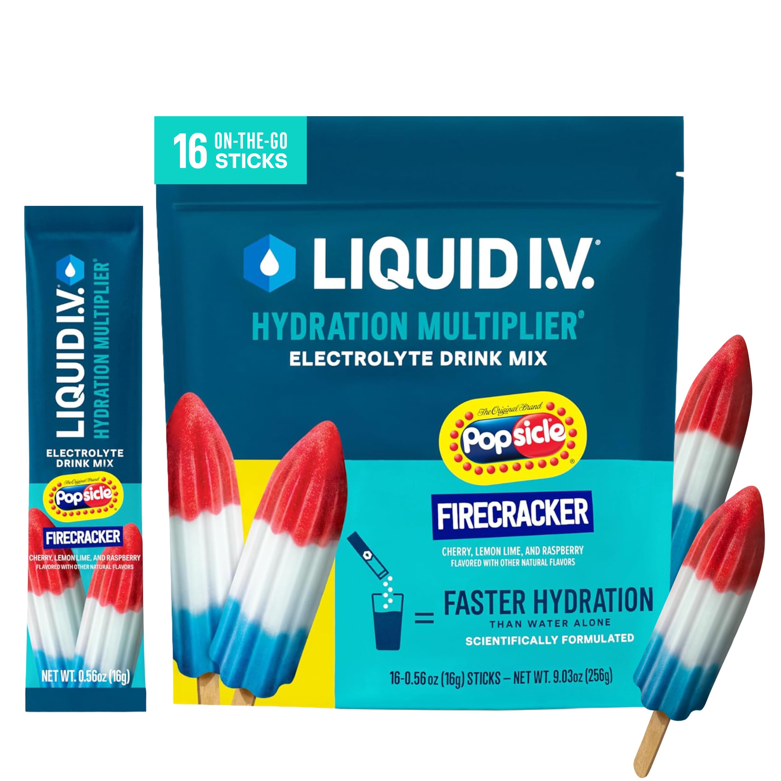 Liquid I.V. 하이드레이션 전해질, 폭죽, 16개 | 과학적으로 조제 | 임상적으로 입증된 수분 공급 | 인공 감미료 없음 | GMO 프리 | 비건 | 파우더 드링크 믹스